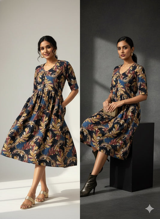 Bold Leaf Print Cotton Dress – Black & Gold Fusion XL Size Available