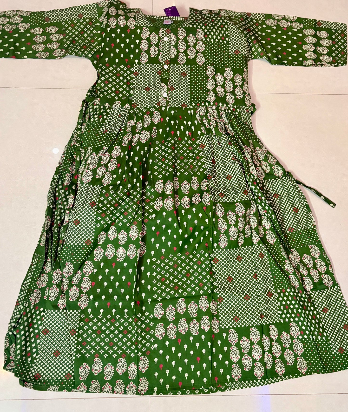 Green Patchwork Printed Kurthi – Elegant Full-Length Flared Design
