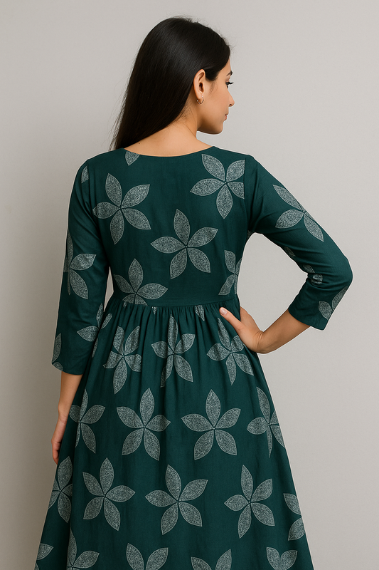 Green Patchwork Printed Kurthi – Elegant Full-Length Flared Design