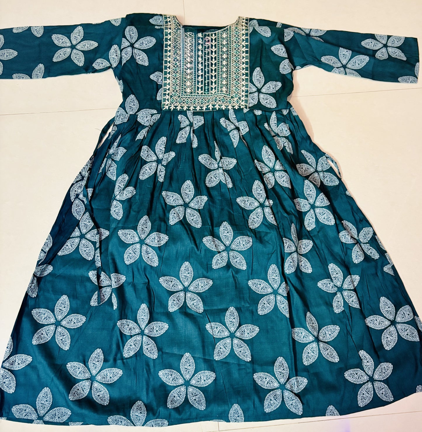 Green Patchwork Printed Kurthi – Elegant Full-Length Flared Design