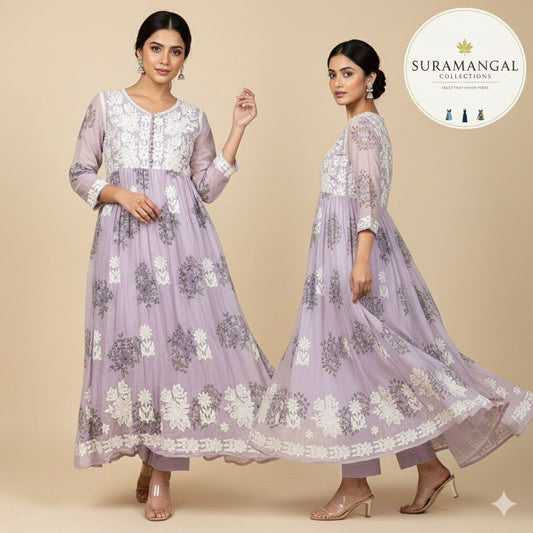 Lavender Grace – Embroidered Elegance in Bloom - M & XL Sizes Available
