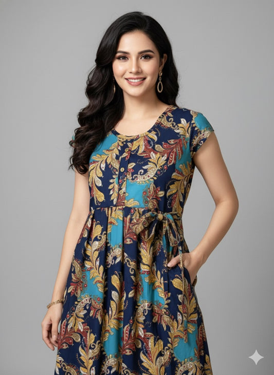Bold Leaf Print Cotton Dress – Turquoise Bloom Printed Kurti - XL Size