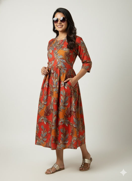 Orange Bloom Ethnic Dress – Festive Floral Edition - XL Size Available