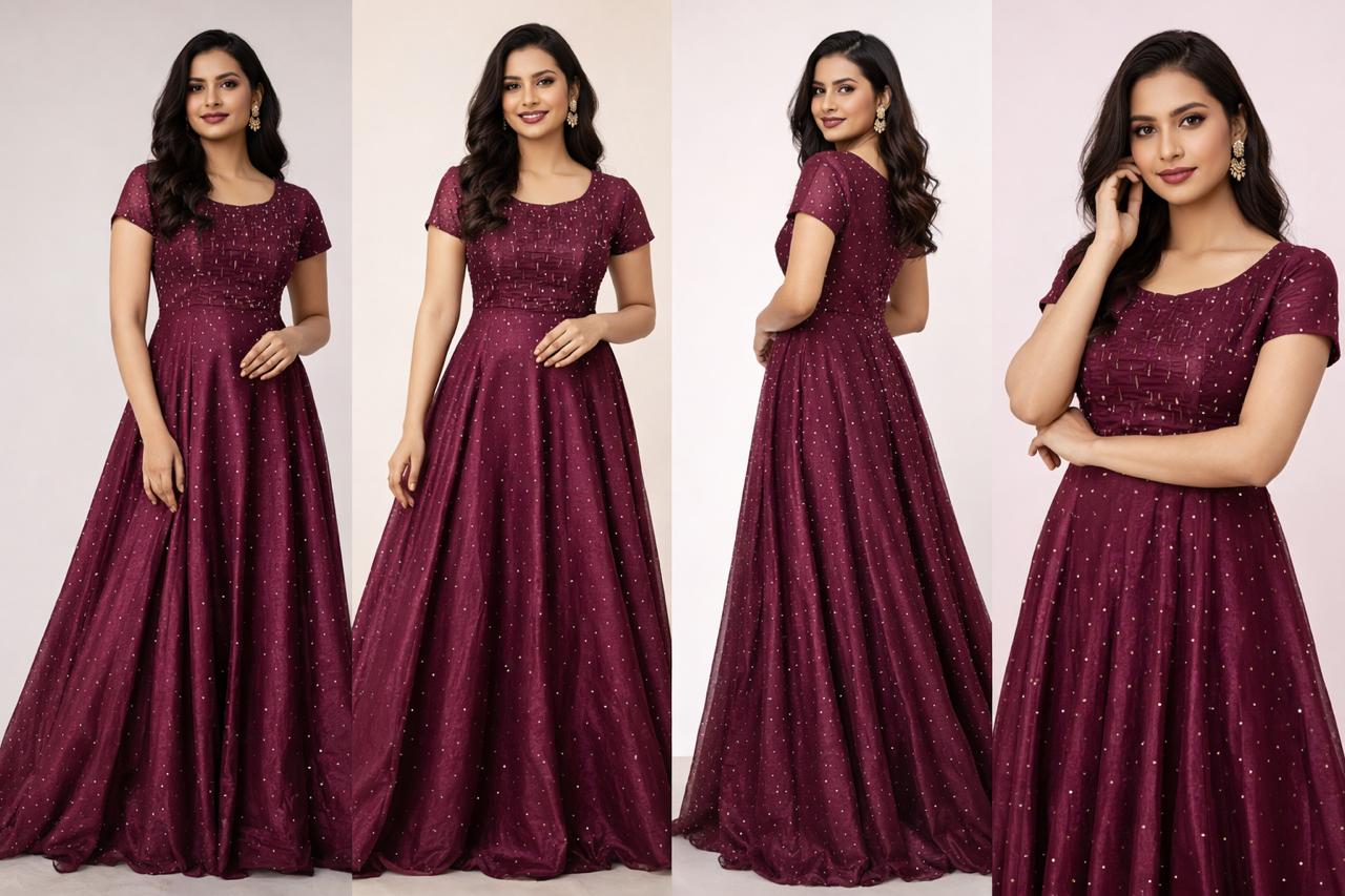 Elegant Wine Colour Embellished Floor-Length Gown – Sleeveless & Short Sleeve Variants - L Size is Available