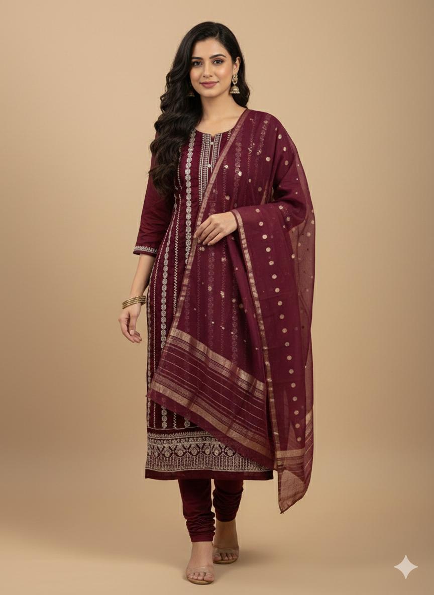 Elegant Maroon Embroidered Salwar Kameez Set with Gold Accents - M, L, XL & XXL Sizes Available