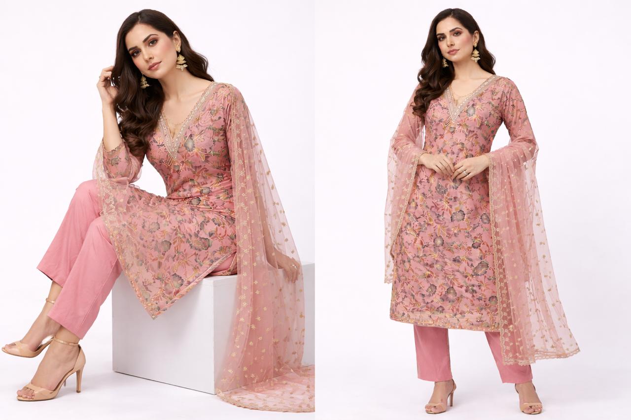 Dusty Rose Floral Printed Kurti Set with Embroidered Dupatta - M, L, XL , XXL Sizes Available