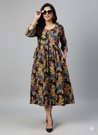 Bold Leaf Print Cotton Dress – Black & Gold Fusion  XL Size Available