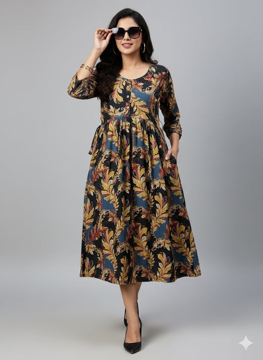 Bold Leaf Print Cotton Dress – Black & Gold Fusion  XL Size Available