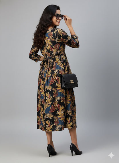Bold Leaf Print Cotton Dress – Black & Gold Fusion  XL Size Available