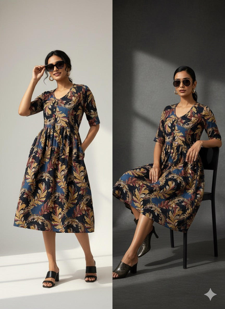 Bold Leaf Print Cotton Dress – Black & Gold Fusion  XL Size Available