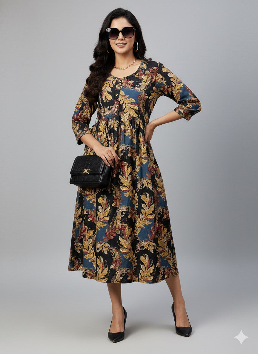 Bold Leaf Print Cotton Dress – Black & Gold Fusion  XL Size Available
