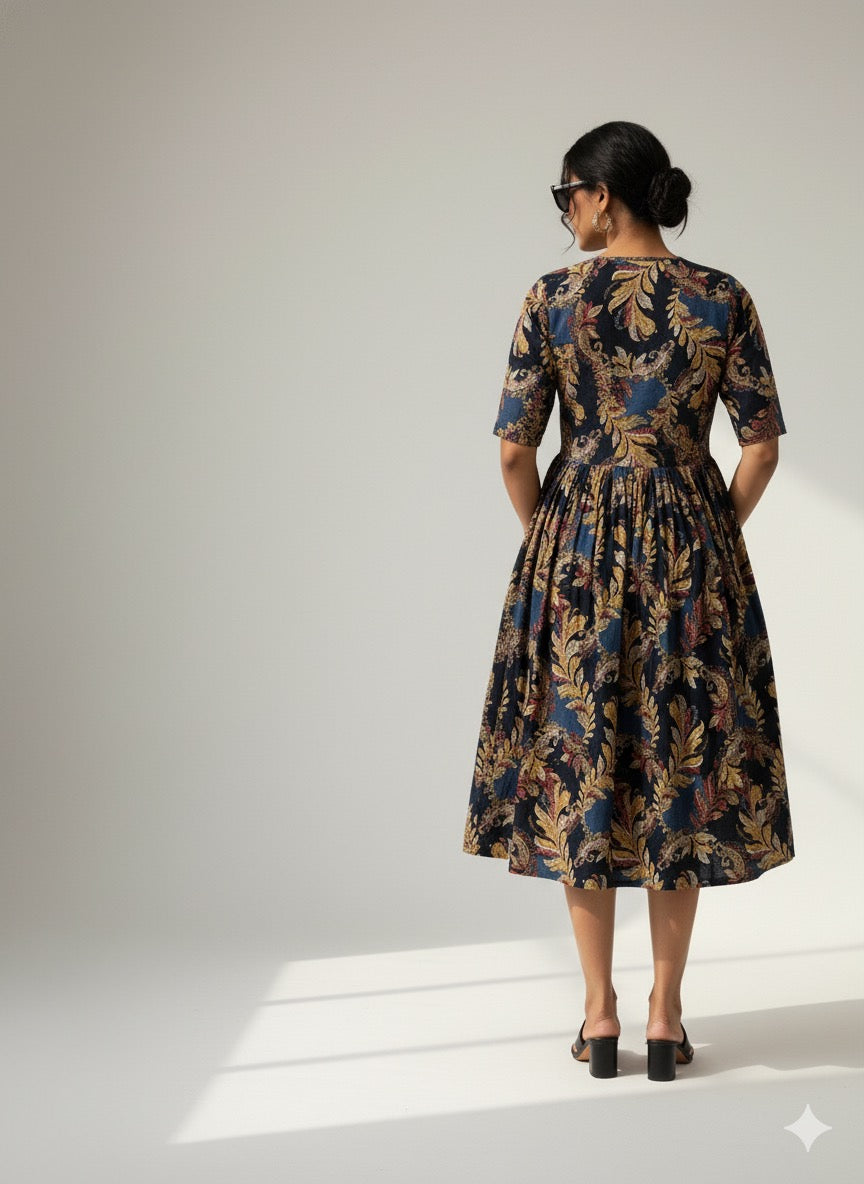 Bold Leaf Print Cotton Dress – Black & Gold Fusion  XL Size Available