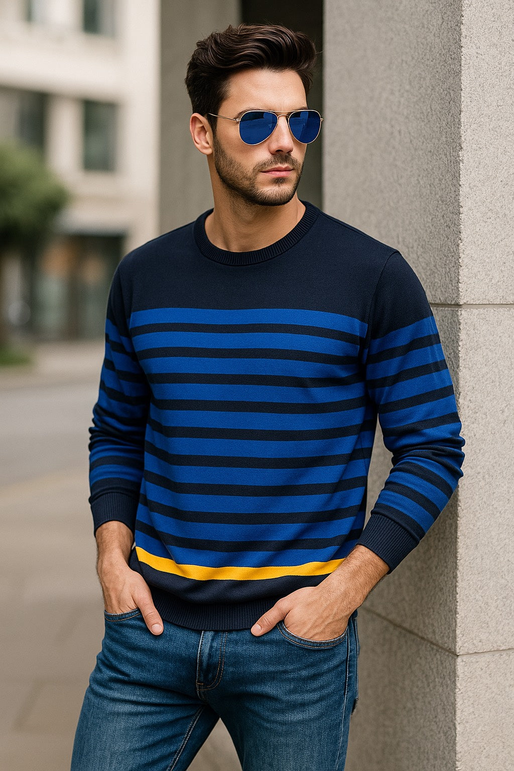 Smiley World Striped Sweatshirt – Blue, Black & Accents