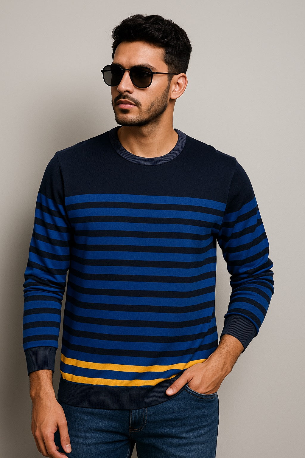 Smiley World Striped Sweatshirt – Blue, Black & Accents