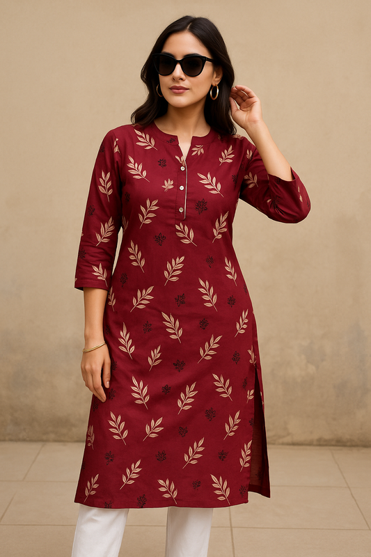 Maroon Leaf Whisper Kurthi – Effortless Elegance in Every Threa