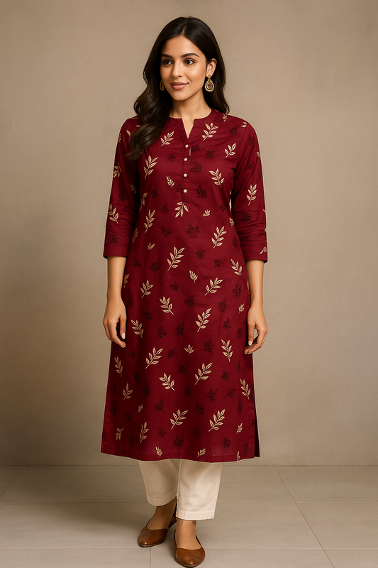 Maroon Leaf Whisper Kurthi – Effortless Elegance in Every Threa