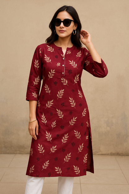 Maroon Leaf Whisper Kurthi – Effortless Elegance in Every Threa