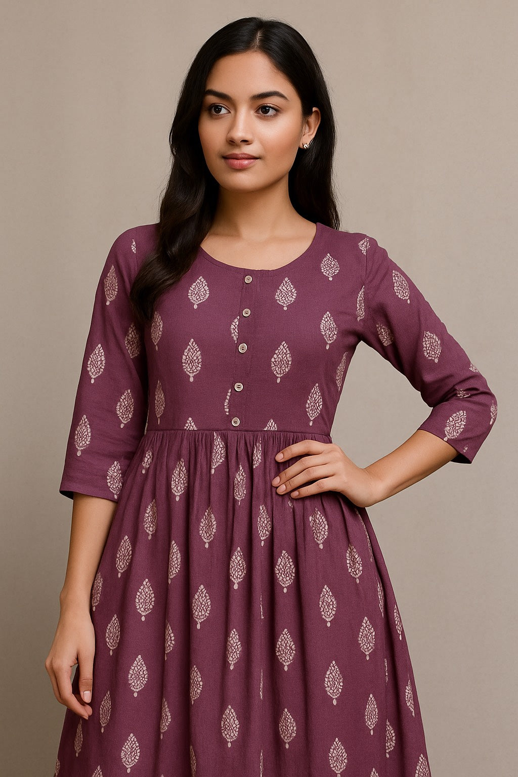 Maroon Leaf-Print Cotton Kurti with Buttoned Front
