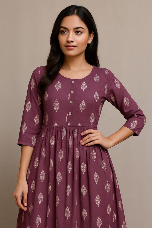 Maroon Leaf-Print Cotton Kurti with Buttoned Front