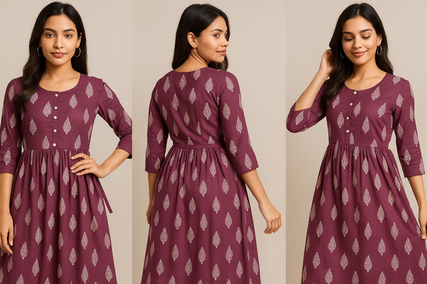 Maroon Leaf-Print Cotton Kurti with Buttoned Front