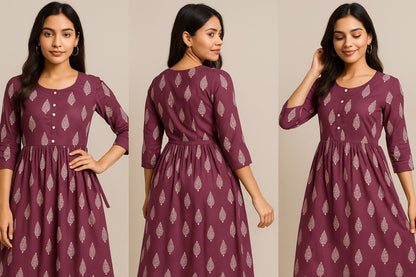 Maroon Leaf-Print Cotton Kurti with Buttoned Front