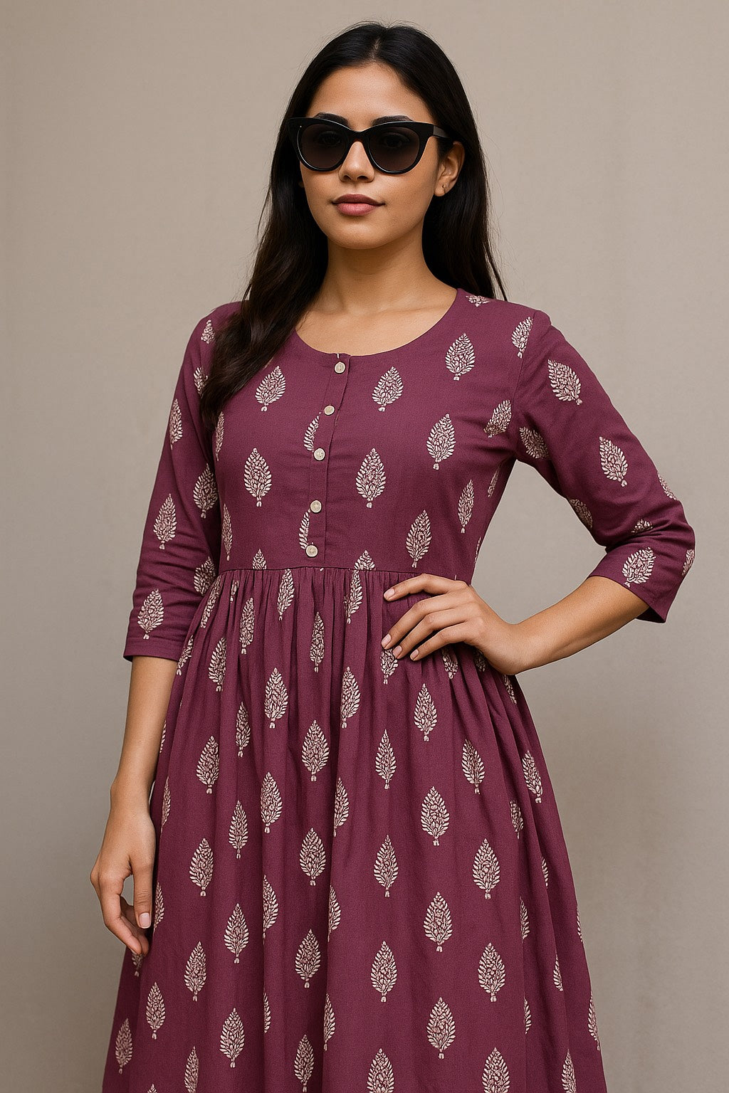Maroon Leaf-Print Cotton Kurti with Buttoned Front
