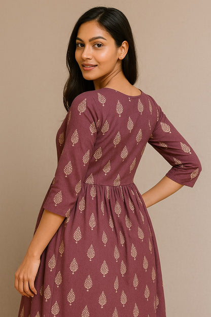 Maroon Leaf-Print Cotton Kurti with Buttoned Front