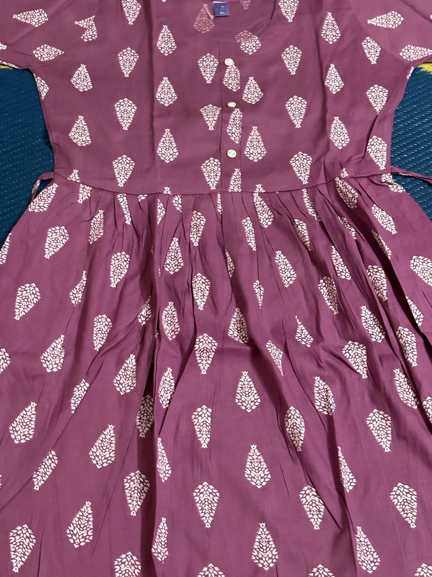 Maroon Leaf-Print Cotton Kurti with Buttoned Front