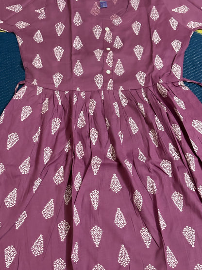 Maroon Leaf-Print Cotton Kurti with Buttoned Front