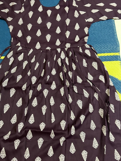 Rich Brown Kurthi with White Leaf Motif – Full Sleeve Flared Silhouette