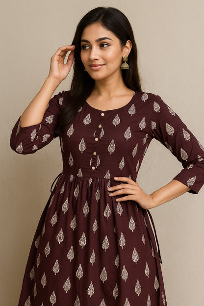 Rich Brown Kurthi with White Leaf Motif – Full Sleeve Flared Silhouette