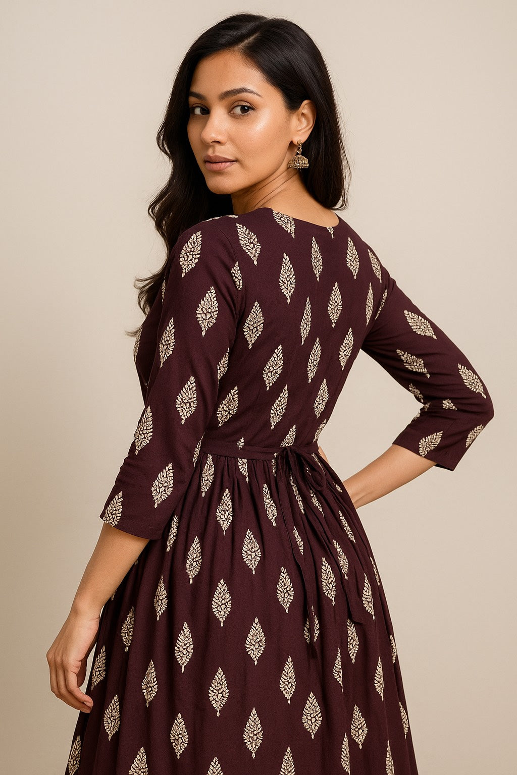 Rich Brown Kurthi with White Leaf Motif – Full Sleeve Flared Silhouette
