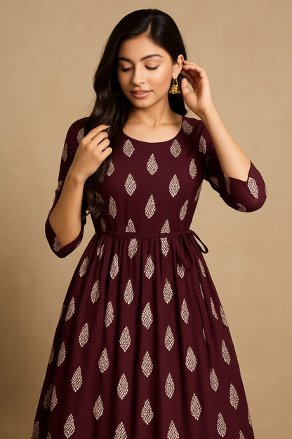 Rich Brown Kurthi with White Leaf Motif – Full Sleeve Flared Silhouette