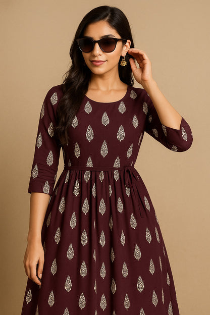 Rich Brown Kurthi with White Leaf Motif – Full Sleeve Flared Silhouette