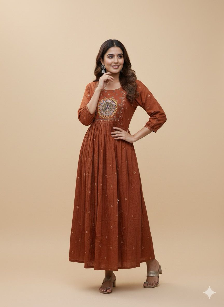 Rust Embroidered Long Kurti – M, L & XXL Sizes Available
