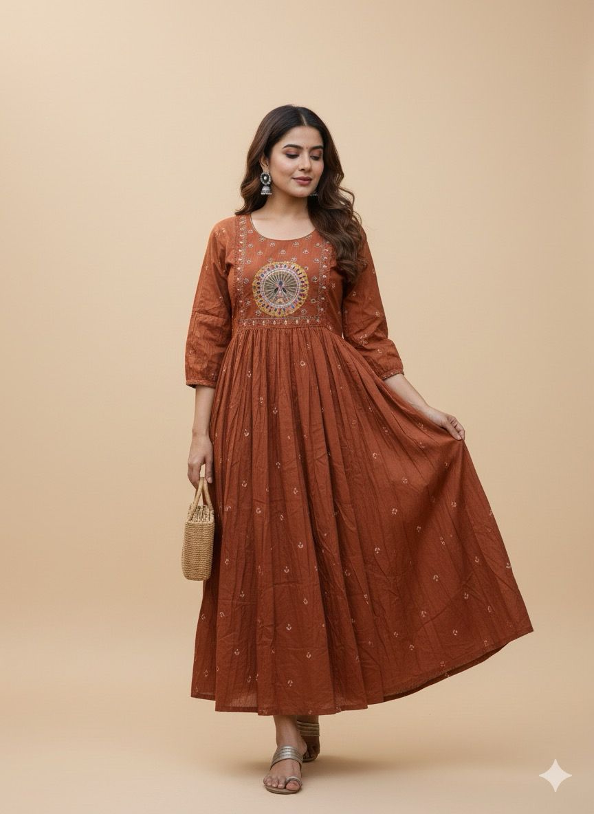 Rust Embroidered Long Kurti – M, L & XXL Sizes Available