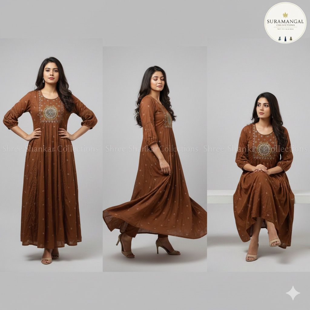 Rust Embroidered Long Kurti – M, L & XXL Sizes Available