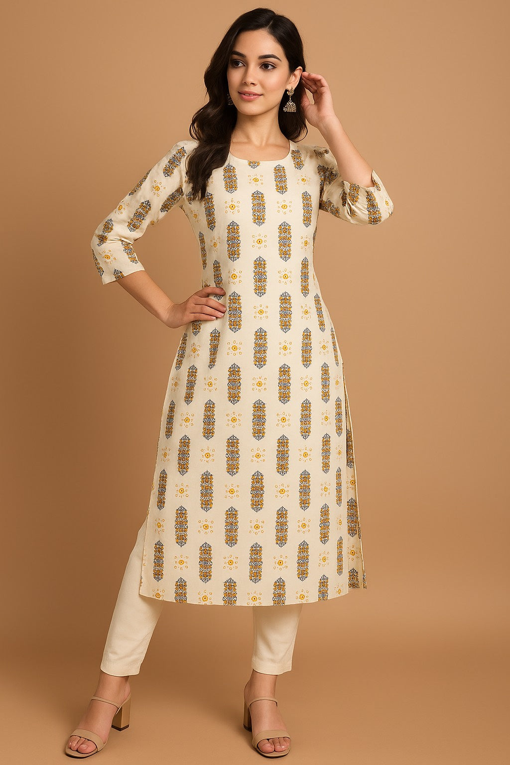 Cream Ornamental Printed Kurti – Light & Graceful