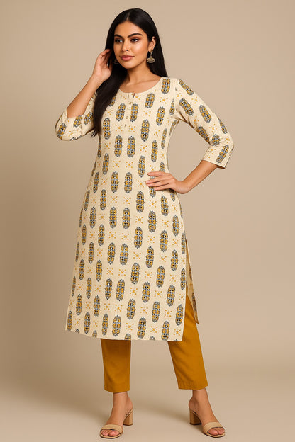 Cream Ornamental Printed Kurti – Light & Graceful