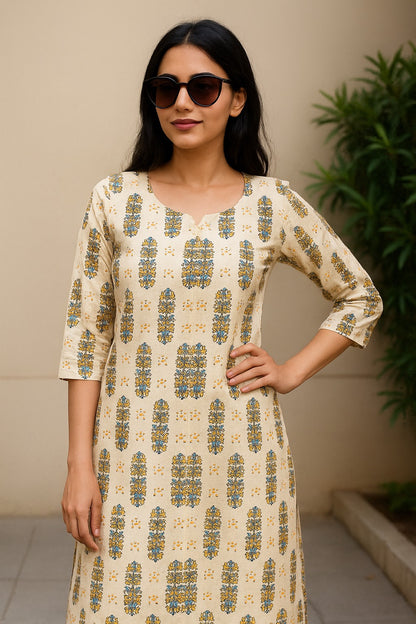 Cream Ornamental Printed Kurti – Light & Graceful