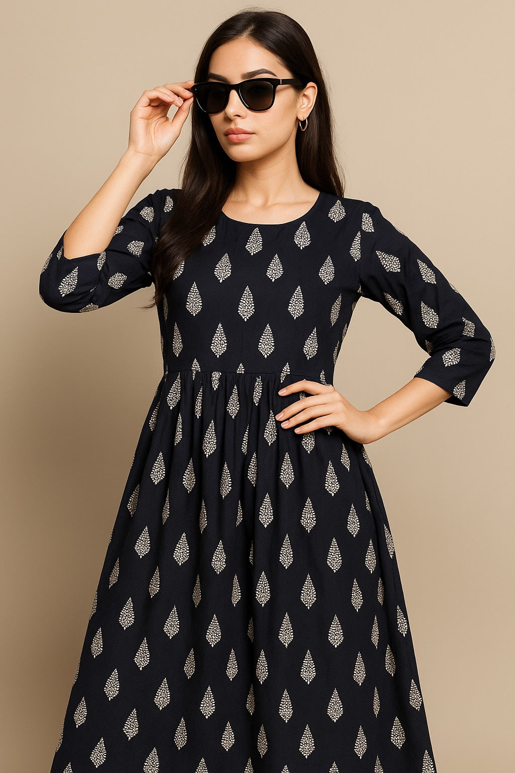 Midnight Leaf Printed Flared Kurti – Elegance in Every Fold