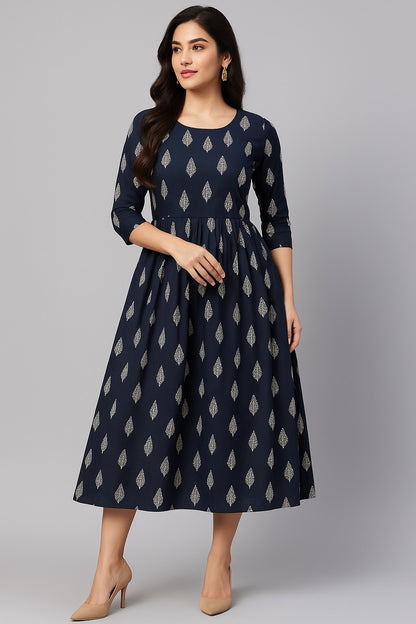 Midnight Leaf Printed Flared Kurti – Elegance in Every Fold