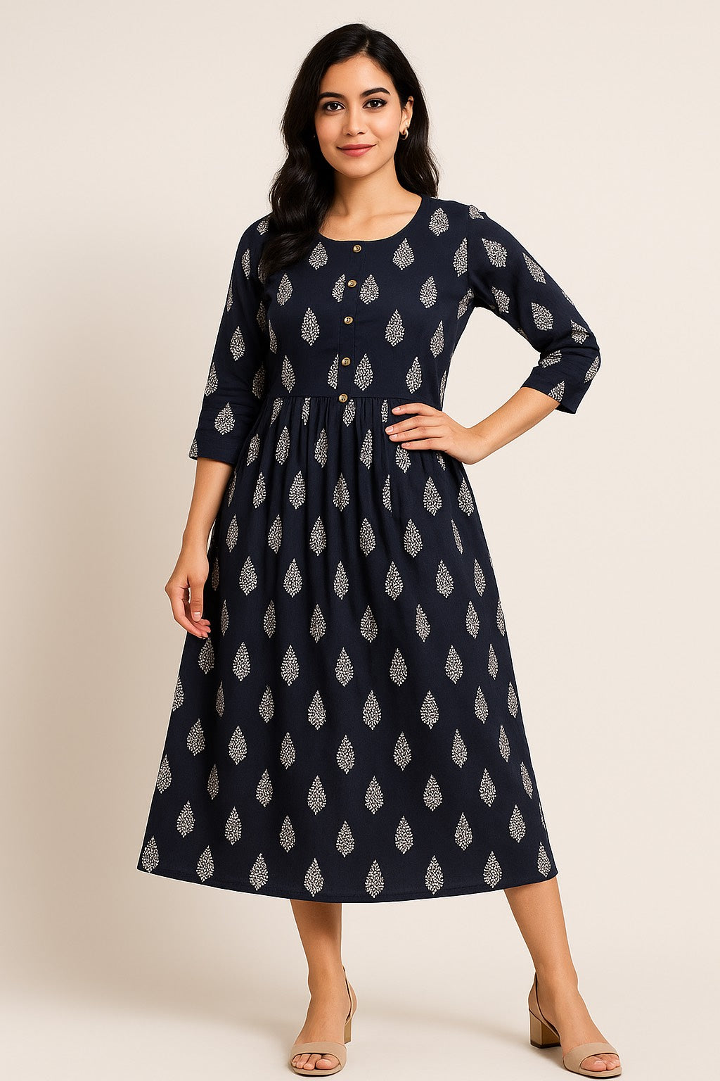 Midnight Leaf Printed Flared Kurti – Elegance in Every Fold