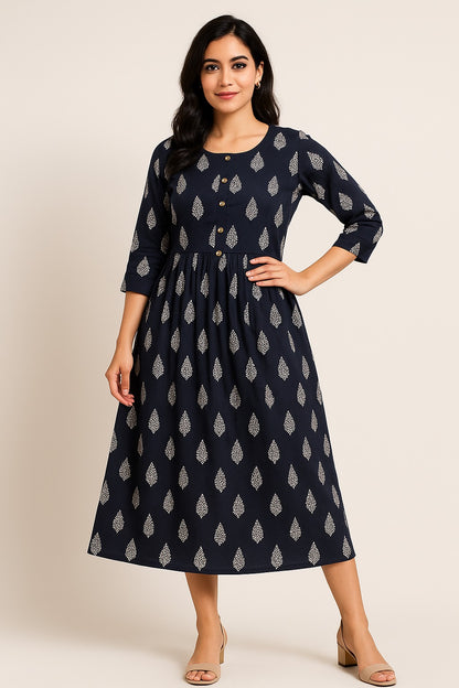 Midnight Leaf Printed Flared Kurti – Elegance in Every Fold