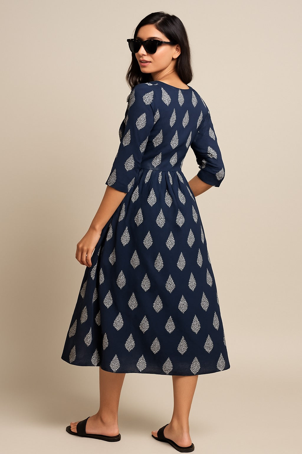 Midnight Leaf Printed Flared Kurti – Elegance in Every Fold