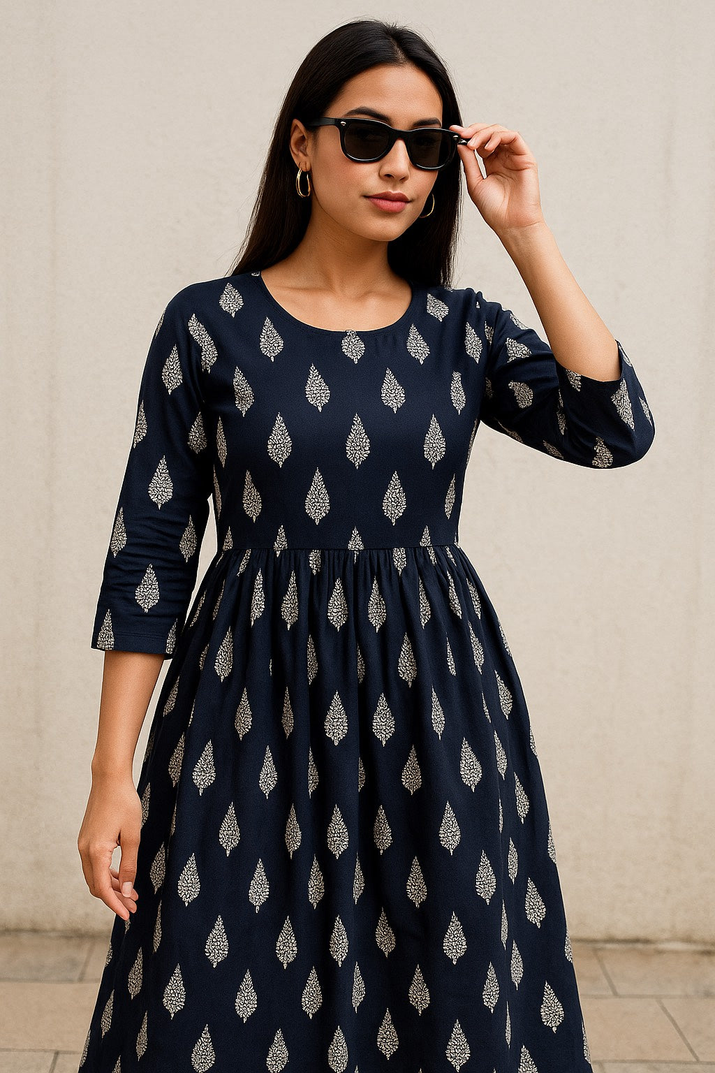 Midnight Leaf Printed Flared Kurti – Elegance in Every Fold