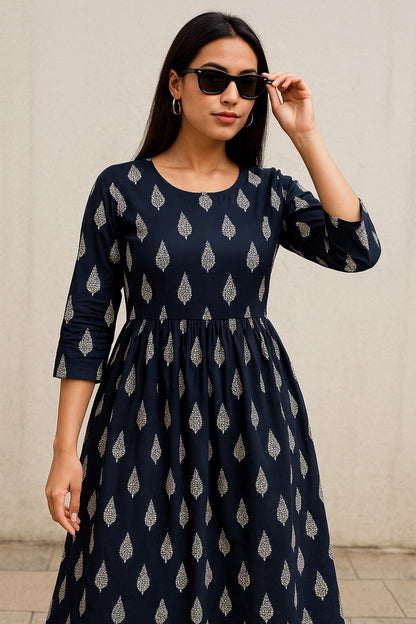 Midnight Leaf Printed Flared Kurti – Elegance in Every Fold