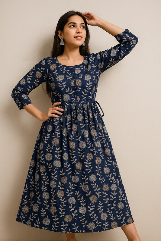 Midnight Bloom Kurti – Navy Blue with Silver-Gold Floral Elegance
