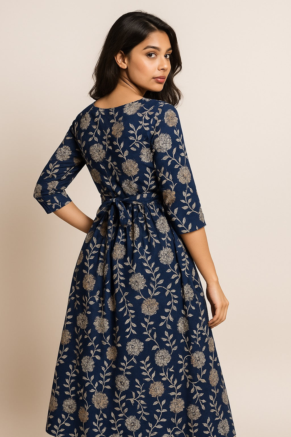 Midnight Bloom Kurti – Navy Blue with Silver-Gold Floral Elegance