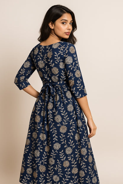 Midnight Bloom Kurti – Navy Blue with Silver-Gold Floral Elegance
